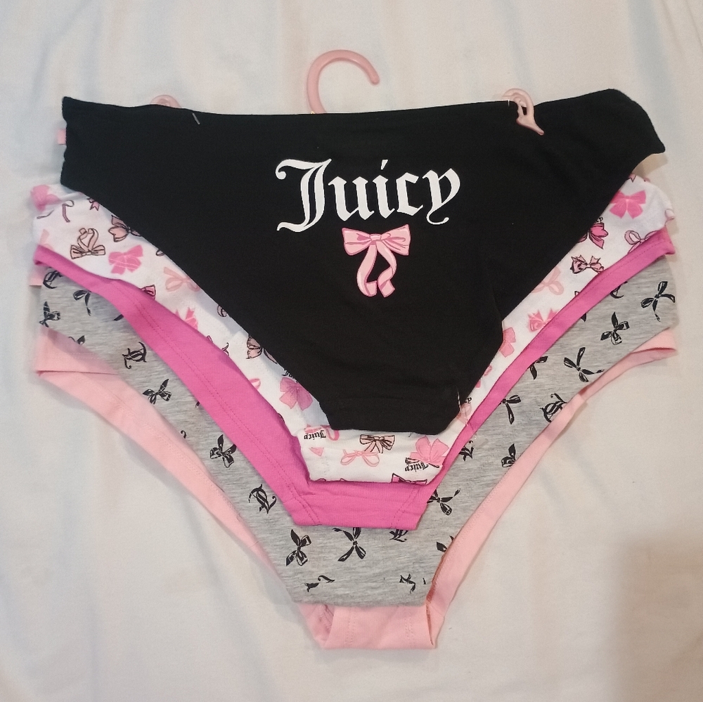 New Juicy Couture Bow 5 Pk Soft Stretchy Cotton Panties Pink Black Gray Size XL